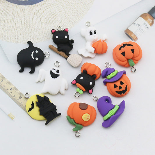 DIY Accessories Resin Halloween Pendant Pumpkin Ghost Broom Cat Castle Keychain Pendant Pendant